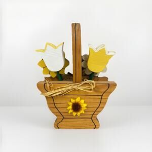 Vtg Wood Basket With Wooden Flowers Tulips Sunflowers Shelf Sitter County Decor